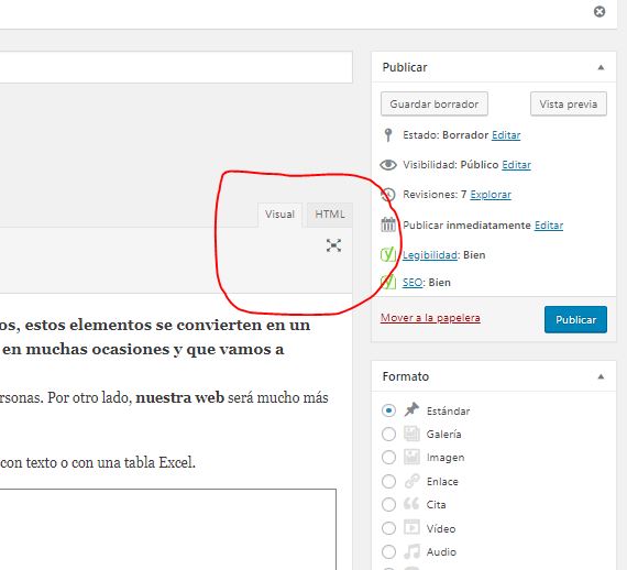 Pestaña HTML en el editor de WordPress