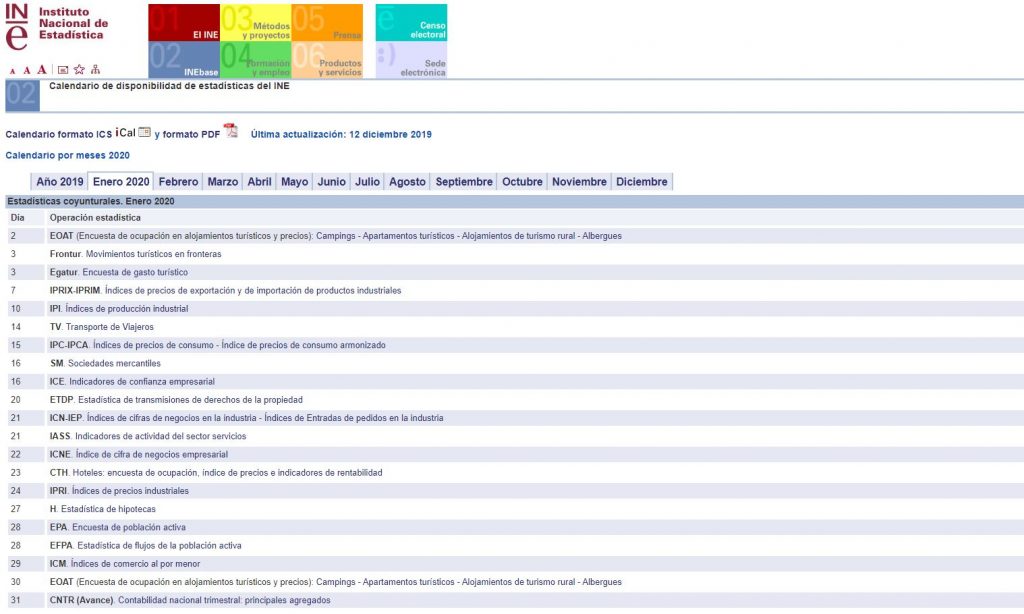 Calendario estadístico del INE