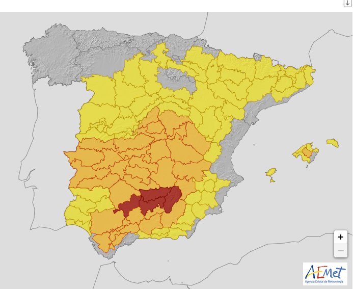 Mapa con los riesgos por altas temperaturas en el mes de julio